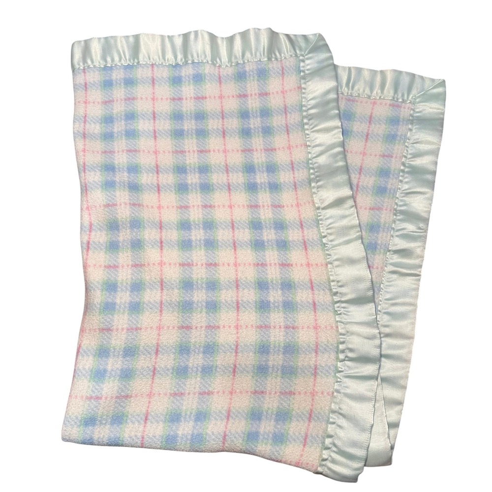 Vintage Pastel Plaid Baby Blanket Satin Trim Soft Security Lovey